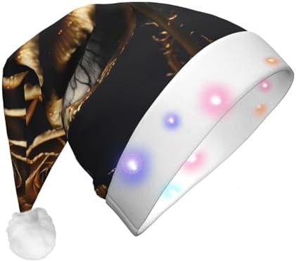 Black And Gold Flowers Print Christmas Hat with LED Lights