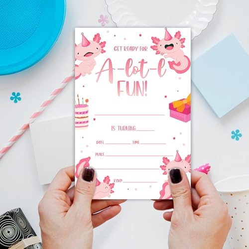Axolotl Birthday Invites With Envelopes - 20 Sets