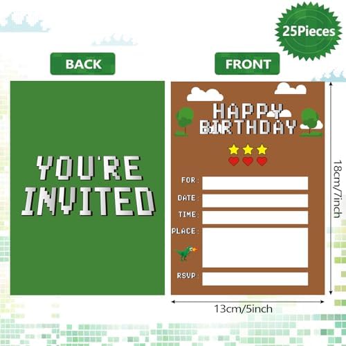 25 Piece Pixel Game Birthday Invitations with Green Envelopes