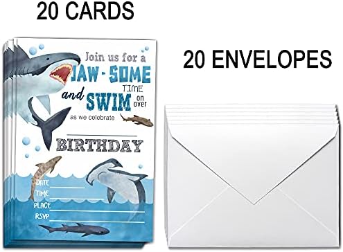 Ukebobo Shark Birthday Invitations with Envelopes 20 Cards Set