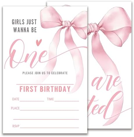 Pink Bow Birthday Invitation Cards with Envelopes