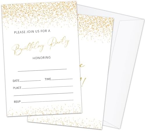 20pcs Gold Glitter Double Sided Birthday Invitations with Envelopes for Boys Girls