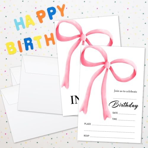 Pink Bow Girls Birthday Invitations Set of 20 with Envelopes