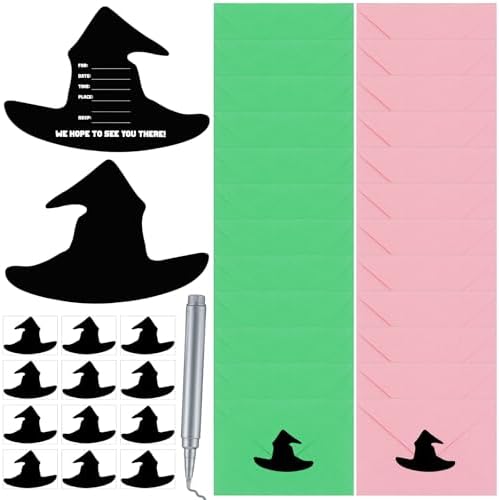 24 Set Witch Party Pink Green Invitations with Envelopes and Stickers
