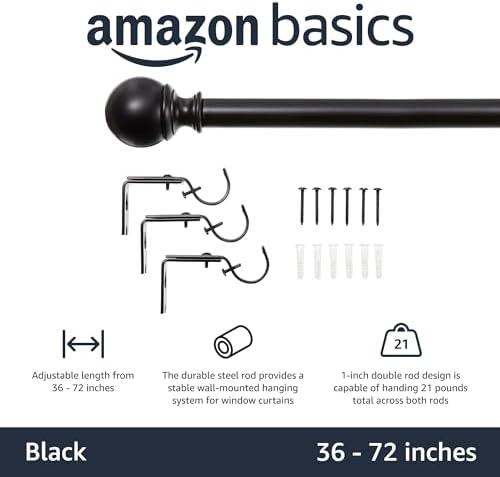 Amazon Basics Adjustable Curtain Rods 36 to 72 Inches Black