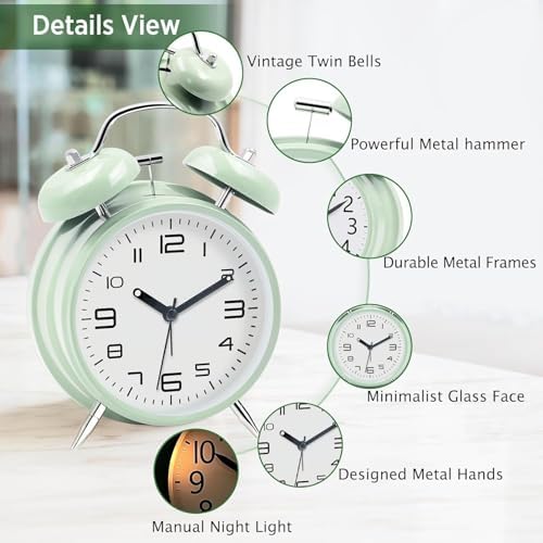 Loud Alarm Clock for Heavy Sleepers 4 Inch Twin Bell Metal Design