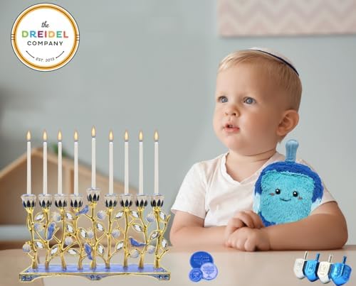 The Dreidel Company Hanukkah Menorah with Pomegranate and Blue Bird Design