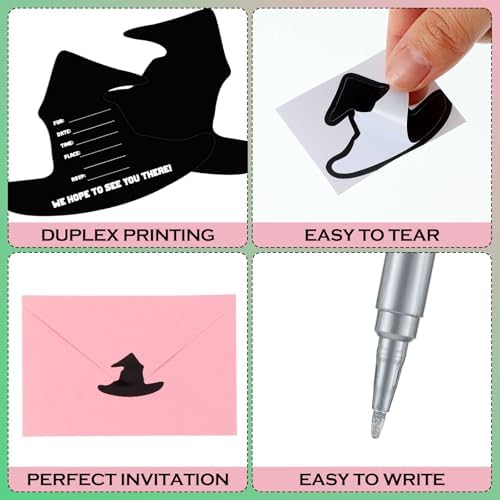 24 Set Witch Party Pink Green Invitations with Envelopes and Stickers