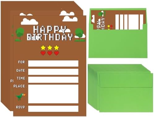 25 Piece Pixel Game Birthday Invitations with Green Envelopes