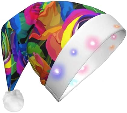 Multicolored Roses Print Christmas Hat with LED Lights
