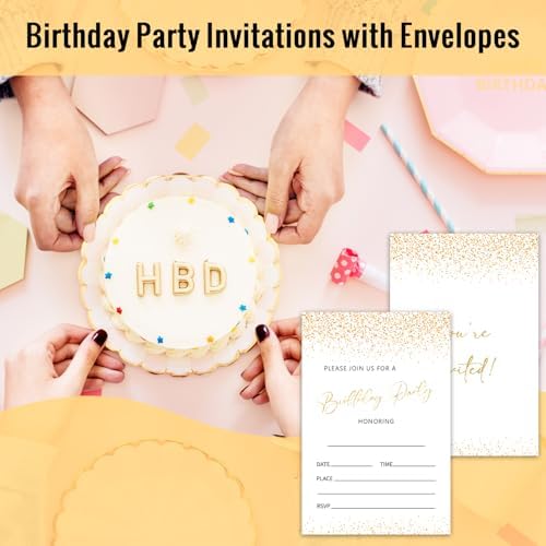 20pcs Gold Glitter Double Sided Birthday Invitations with Envelopes for Boys Girls