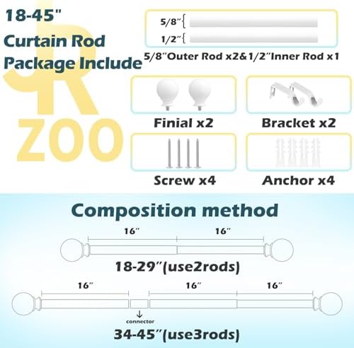JRZOO White Curtain Rods 18-45 with Ball Finials