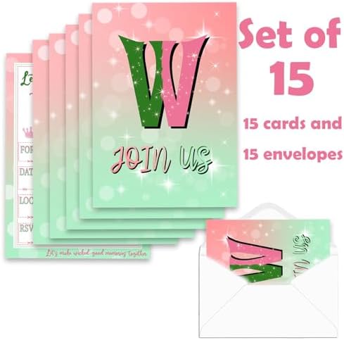 Green Pink Witch Themed Party Invites 15 Cards with Envelopes