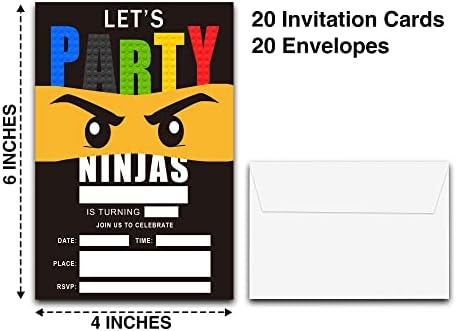 4 Inch x 6 Inch Ninjas Birthday Invitation Cards With Envelopes - 20 Sets
