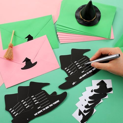 24 Set Witch Party Pink Green Invitations with Envelopes and Stickers