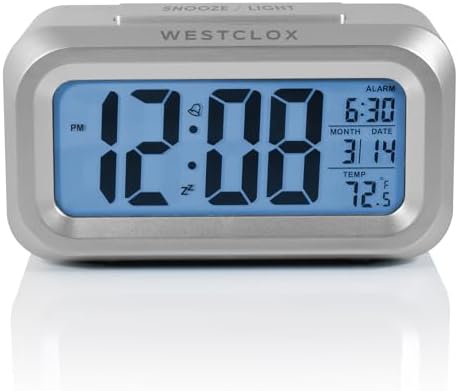 Westclox Digital Alarm Clock with Blue Backlight Temperature and Date Display Silver