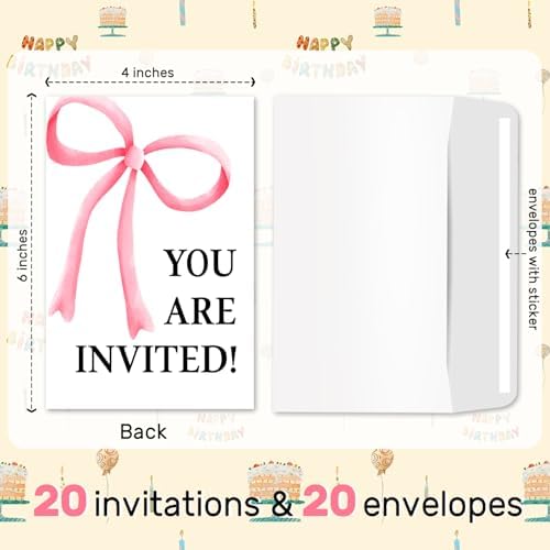 Pink Bow Girls Birthday Invitations Set of 20 with Envelopes