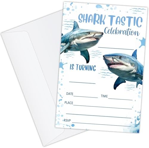 20 Shark Birthday Invitations with Envelopes