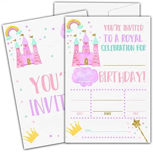 Pink Princess Castle Birthday Invitations with Envelopes Set of 20
