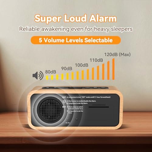 Netzu Wooden Alarm Clock with 5 Volumes and 12 Ringtones