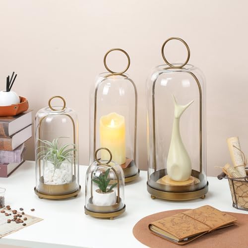 75 Inch High Modern Metal Hurricane Lantern with Brass Finish and Glass Dome