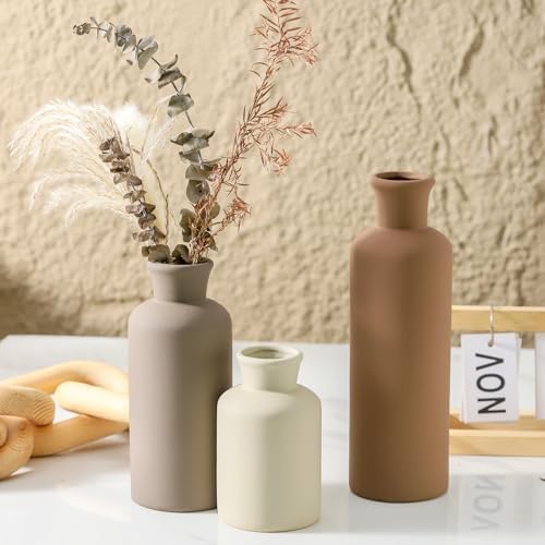Ceramic Vase Set of 3 Brown Home Decor