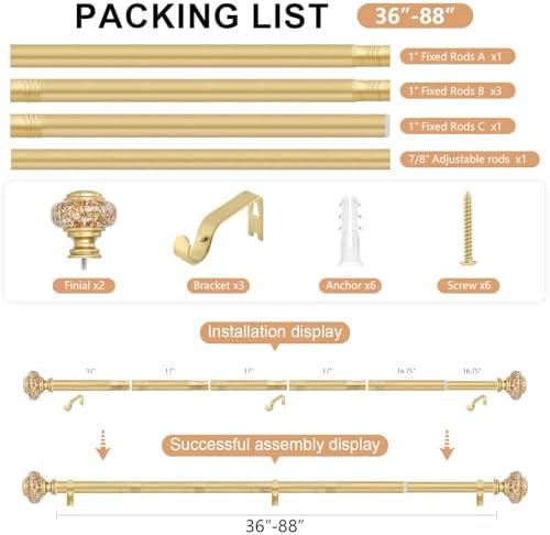 Gold Curtain Rods 48 to 84 Inch Vintage Crystal Finials