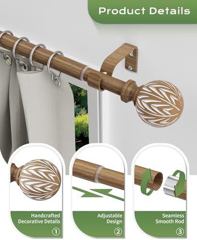 KVEEO Decorative Wood Grain Curtain Rods 36-88 Inch Adjustable