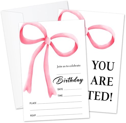 Pink Bow Girls Birthday Invitations Set of 20 with Envelopes