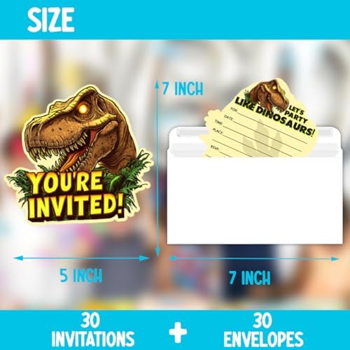 T-Rex Birthday Party Invitations Set for Kids 30 Cards and Envelopes