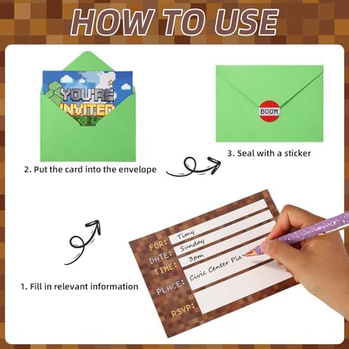 20pcs Video Game Birthday Invites with Envelopes and Stickers