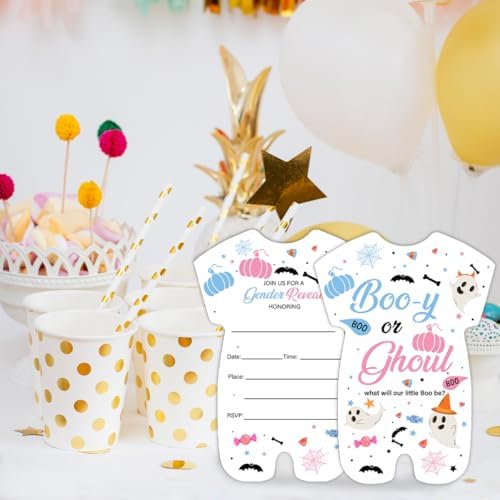 Halloween Gender Reveal Invitations Boo or Ghoul Shaped Set of 20