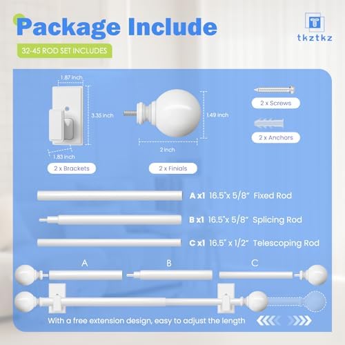 White No Drilling Curtain Rods Adjustable for Windows 32-45 Inches