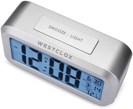 Westclox Digital Alarm Clock with Blue Backlight Temperature and Date Display Silver