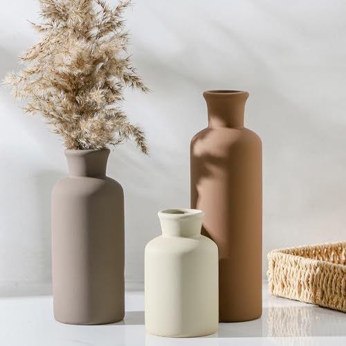 Ceramic Vase Set of 3 Brown Home Decor