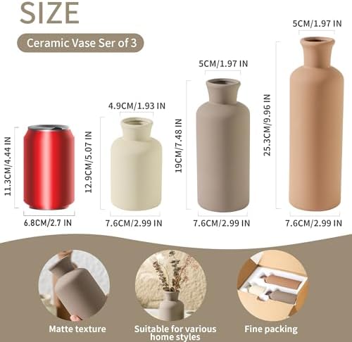 Ceramic Vase Set of 3 Brown Home Decor