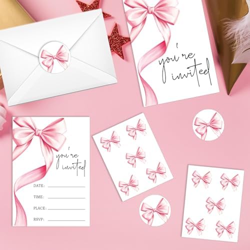 Pink Bow Birthday Party Invitations 20 Pack with Envelopes