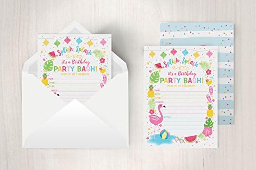 Flamingo Birthday Invite - Summer Pool Party Print - 20 Fill-In Invitations