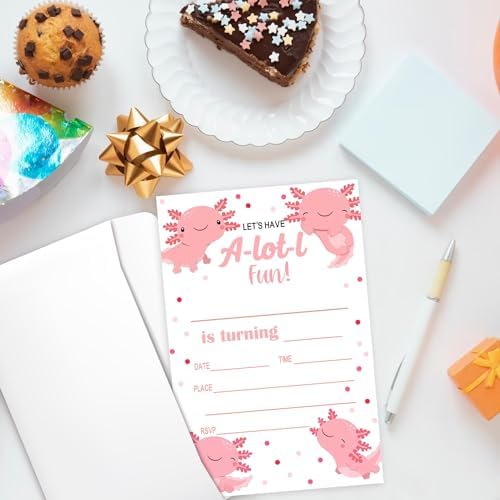 Axolotl Birthday Invites for Kids 20 with Envelopes