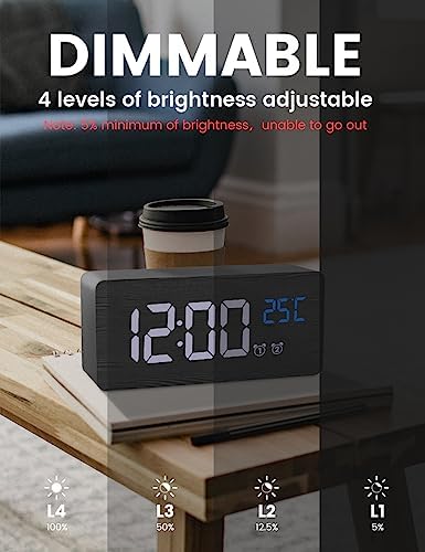 Wooden Digital Alarm Clock with Dual Alarms and Dimmer