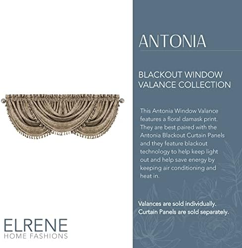 Elrene Antonia Floral Damask Window Valance with Tassels 52x36 Taupe