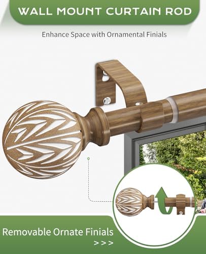 KVEEO Decorative Wood Grain Curtain Rods 36-88 Inch Adjustable