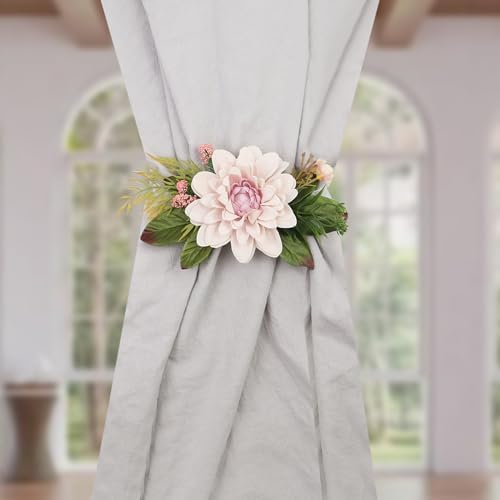 HEVSTIL 2 Pack Elegant Floral Curtain Tiebacks with Handmade Flowers Pink