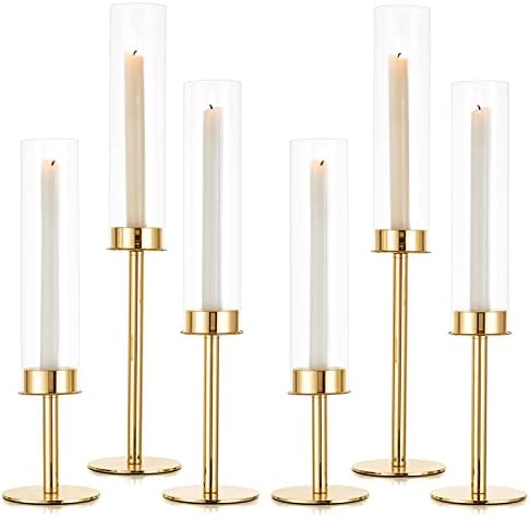 Sziqiqi Gold Taper Candle Holder 6 Pcs Hurricane Centerpieces