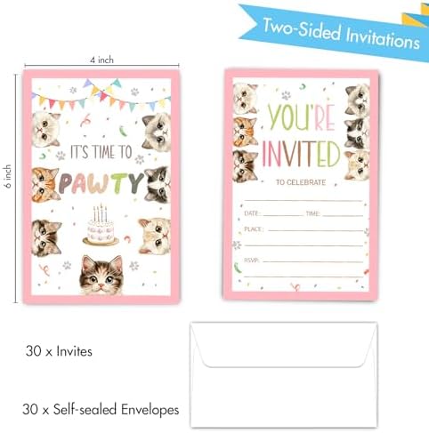 Cute Cats Birthday Invites with Envelopes 30 Count
