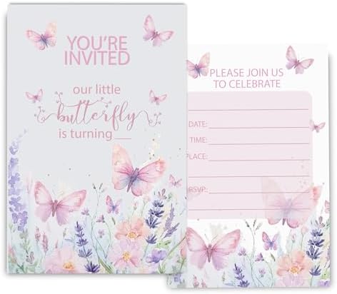 Butterfly First Birthday Invitations for Girls 4x6 30 Sets with Envelopes