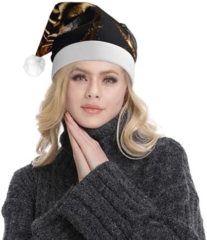 Black And Gold Flowers Print Christmas Hat with LED Lights