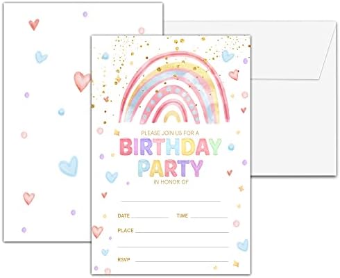 Rainbow Heart Birthday Invitations with Envelopes