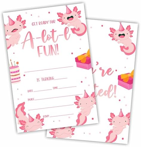 Axolotl Birthday Invites With Envelopes - 20 Sets