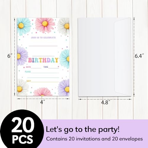 20 Daisy Flower Birthday Invitations with Envelopes